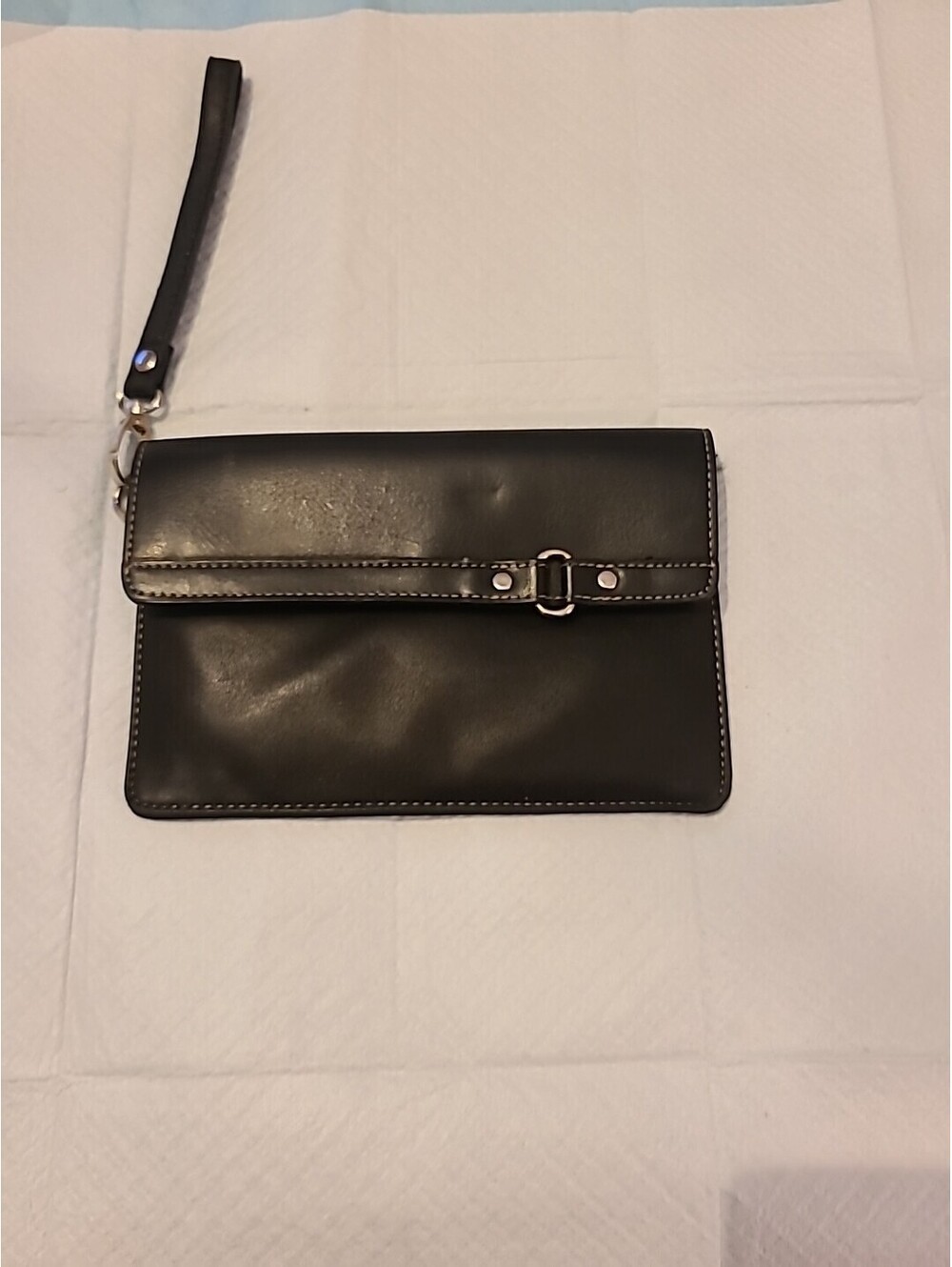 Black Leather w/White Stitching Wristlet/Clutch Bag. Magnetic Close. #4453294